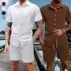 Conjunto de Verão Camisa de Manga Curta e Shorts de Malha Jacquard Estilo Casual de Férias Masculino