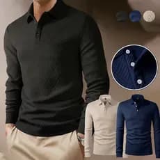 Camisa Polo Masculina Manga Longa Casual Cor Sólida Gola Tradicional Blusa Premium Negócios Casual