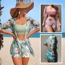 Conjunto De 3 Peças De Biquíni Feminino Cordão Estampa Com Praia Kimono Três Peças Bikini Sets