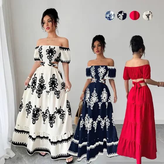 Vestido Longo Feminino com laço nas Costas para Férias de Ombro Caído Vestido Festa Elegante Vestido