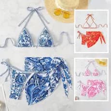 Conjunto de biquíni de três peças Para praia no verão Lnclui saia e saída de praia estilo xale