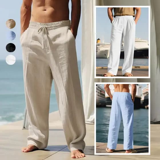 Calça De Linho Masculina Rústica Leve Cordão Ajustável Premium Verão Casual Várias Cores