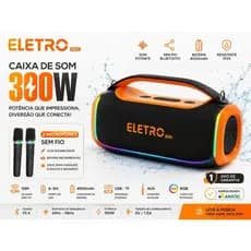 Caixa De Som Bluetooth 300W EletroMex RGB Com 2 Microfones Sem Fio Karaokê Portátil IPX5