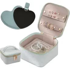 Portable Travel Jewelry Zipper Case, Small Velvet Jewelry Organizer Box with Heart Mirror for Women (Cyan-‎Velvet) 2IKI