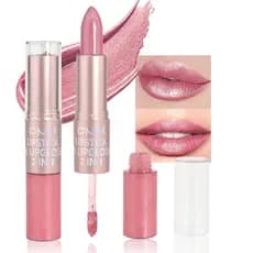 2Combination1Lipstick and Lip Gloss Set for Women, Long-lasting Waterproof Bright Rose Pink Shiny Lip Gloss and Lip Line