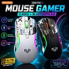 Mouse Gamer Wireless RGB Recarregável Bluetooth 5.0 2.4GHz USB Alta Performance