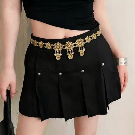 Corrente de Cintura Dourada com Flor Oca Exagerada e Pingente em Forma de Gota, Estilo Étnico, Design de Nicho, Acessóri