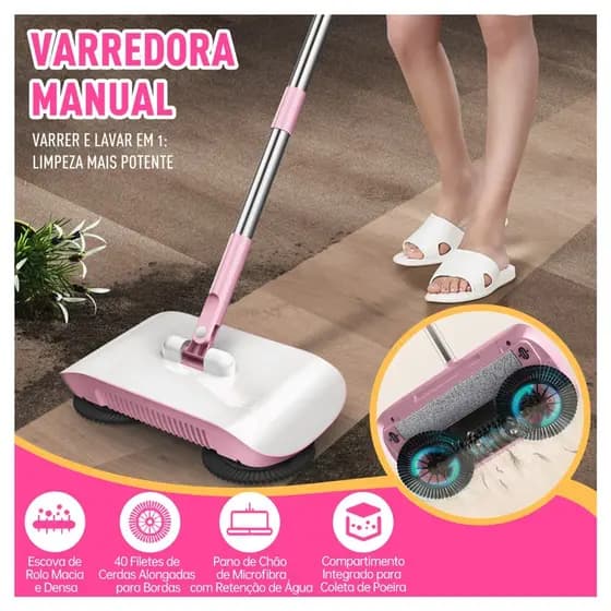Vassoura Mágica Giratória Manual 3 em 1 - Varre, Recolhe e Pega Pó Sem Eletricidade