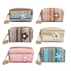 Necessaire Organizadora Tecido Listrado Flor Aplique Pompom Resistente com Zíper para Acessórios e Cosméticos