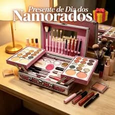 Maleta Completa de Maquiagem Luxo Presente Dia dos Namorados Sombra Blush Iluminador Cores Dourado Prata Rosa