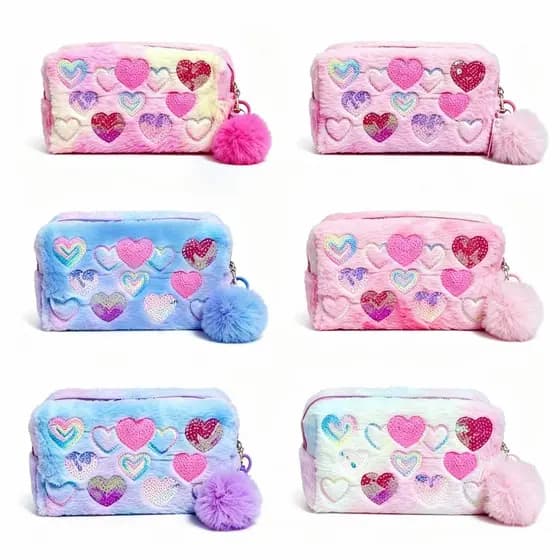 Necessaire de Pelúcia com Corações Coloridos e Pompom para Maquiagem e Cosméticos