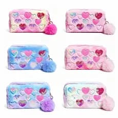 Necessaire de Pelúcia com Corações Coloridos e Pompom para Maquiagem e Cosméticos
