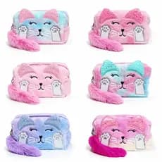 Necessaire de Pelúcia com Gatinho Tie-Dye 18cm, Organizador de Maquiagem Fofa para Meninas