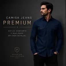 Camisa Social Jeans Premium Slim Confort Masculina Manga Longa Executivo Diretoria Escritório