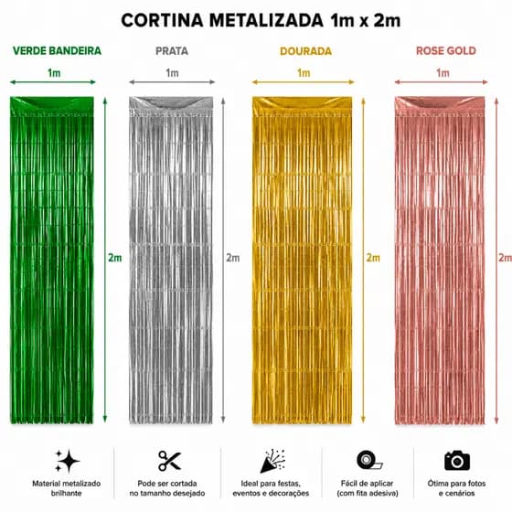 Kit 6/12 Cortinas Metalizado Festa 1mx2m painel decoração enfeites casamento aniversario Rose/Verde/Dourada/Prata