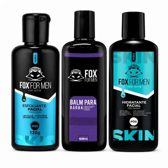 Kit Esfoliante Pré Barba 120g + Hidratante Pós Barba 120g + Balm 120ml Fox For Men Pele Macia Leve