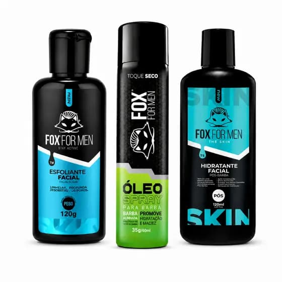 Kit Rotina Barba e Rosto Esfoliante 120g + Pós Barba 120g + Óleo Spray Fox For Men Brilho Natural