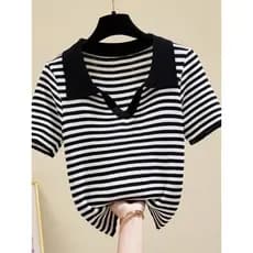 Verão gelo seda malha polo camisa de manga curta feminina 2025 novo estilo listrado camiseta chique estilo Hong Kong est