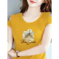 Camiseta de manga curta roupas femininas 2025 novo estilo verão preto branco t algodão impresso em torno do pescoço topo