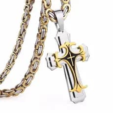 Colar de aço inoxidável com pingente de cruz de Jesus prateado masculino Byzantino colar de corrente longa