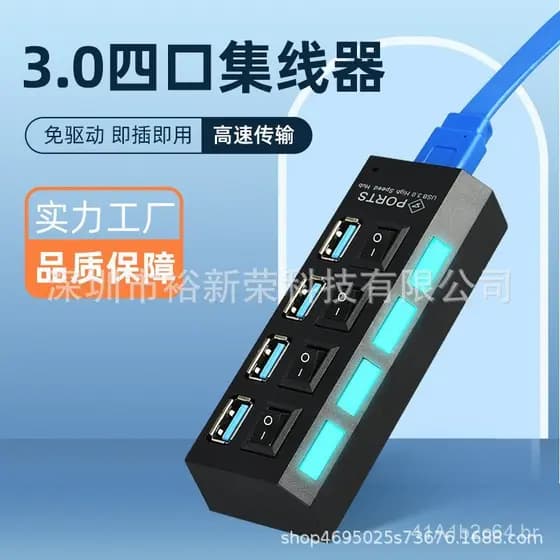 Hub USB 3.0 de Alta Velocidade com 4 Portas e Interruptores Independentes, Divisor USB 3.0