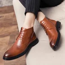 Sapatos masculinos marrons, sapatos formais de negócios, sapatos de couro de cano alto, botas curtas estilo britânico, v