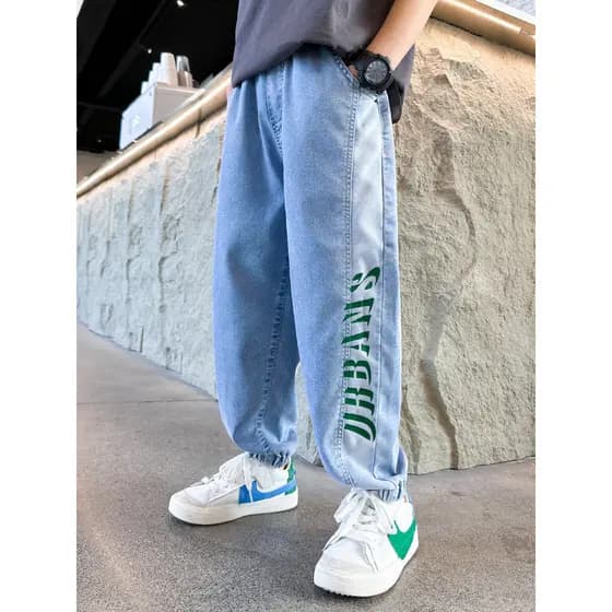 Calças para meninos verão estilo fino médio grande calças infantis Mosquito calças meninos seda gelo verão Jeans macio C