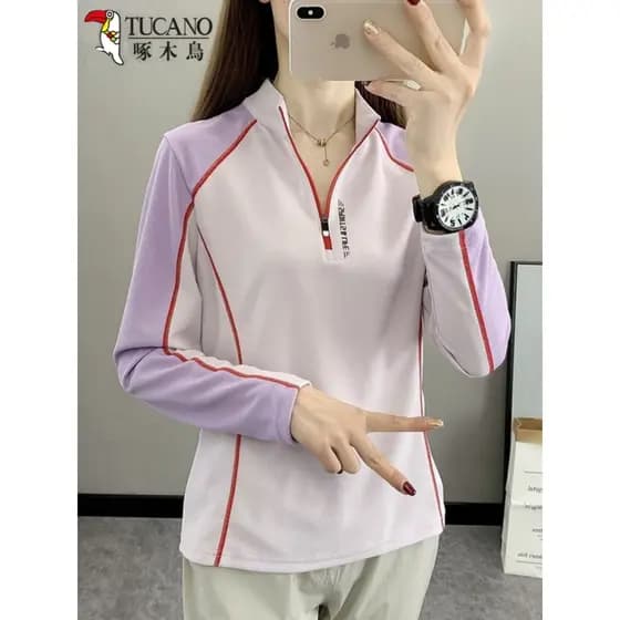 Pica-pau verão outono novo estilo de secagem rápida gola alta de manga comprida feminino lazer ao ar livre roupas de sec