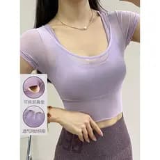 Correndo esportes à prova de choque de manga curta feminino alto valor com almofada no peito roupas de Yoga bela volta f
