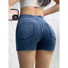 Imitação Denim esportes Shorts feminino verão cintura alta Hip elevador apertado estiramento correndo lazer Yoga Fitness