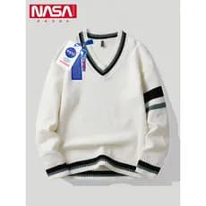 NASA Co-Branded temporada escolar roupas masculinas estilo Preppy camisola com decote em V juventude camisa de fundo de