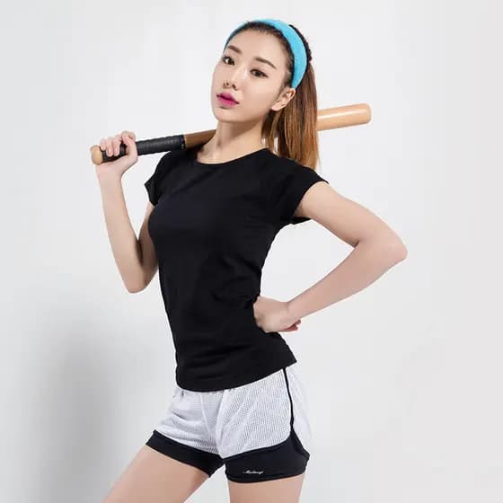 Camiseta de Fitness feminina verão esportes ao ar livre correndo Yoga manga curta estiramento magro-ajuste suor @
