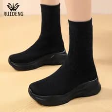 Ruideng meias elásticas femininas botas de cano médio malha sapatos esportivos casuais botas femininas botas finas prima