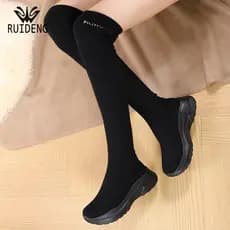 Ruiden malha estiramento meias botas sapatos femininos de sola grossa botas longas de alta qualidade botas finas botas f