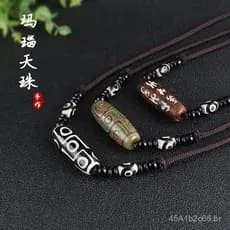 Colar de Estilo Étnico com Pérola Dzi Tibetana de Nove Olhos para Homens, Acessório Budista Simples e Versátil em Algodã