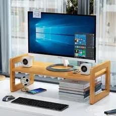 Suporte ajustável em altura para computador, elevador de monitor de mesa, prateleira de armazenamento em madeira de bamb