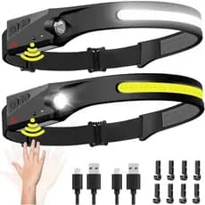 Lanterna de Cabeça Recarregável 2PCS, 230 °   Lanterna de Cabeça LED de Feixe Amplo com Sensor de Movimento para Camping