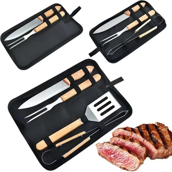 Kits de Churrasco Aço Inox Premium (com Caixa) – 2, 3, 4 ou 5 Peças Práticos e Duráveis Conjunto com Durável