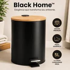Lixeira com Pedal 5 Litros Preta Moderna Tampa Preta ou Bambu Banheiro Lavabo Escritório Black Home