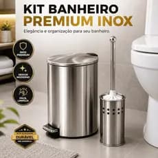 Kit Banheiro Premium Inox Lixeira 5L com Pedal + Escova Sanitária com Suporte Organizador Moderno