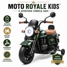 Moto Elétrica Infantil 6V Recarregável Com Rodinhas Farol LED Retrô Verde Moto Royale Kids