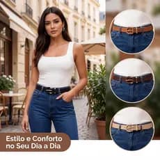 Cinto Feminino Fino de Couro Sintético com Fivela Decorada Ajustável Elegante, Casual e Versátil