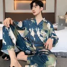 Pijamas de seda gelo de cetim masculino primavera outono High-End impresso tinta Tie-Dye meia-idade jovem manga comprida