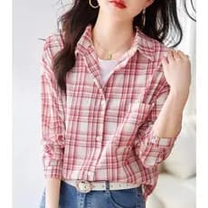 Camisa xadrez de algodão feminina primavera verão outono novo estilo 2025 versão coreana camisa elegante moda manga comp