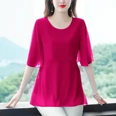 Camisa de Chiffon de comprimento médio capa barriga feminina manga curta verão novo estilo tamanho grande solto cintura