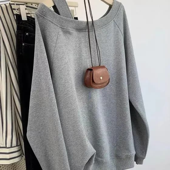 Algodão cinza ombro oblíquo solto estilo preguiçoso fora do ombro moletom feminino primavera outono 2025 outono inverno