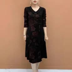 Primavera fivela impressa boneca colarinho vestido elegante mais magro olhar mãe vestido elegante saia de comprimento mé