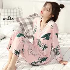 2018 novo estilo pijamas femininos primavera verão estilo algodão seda calças de manga comprida gola de renda pijamas co