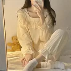 Leite fufufu pijamas de manga comprida ins estilo primavera outono versão coreana doce palácio estilo outono inverno rou