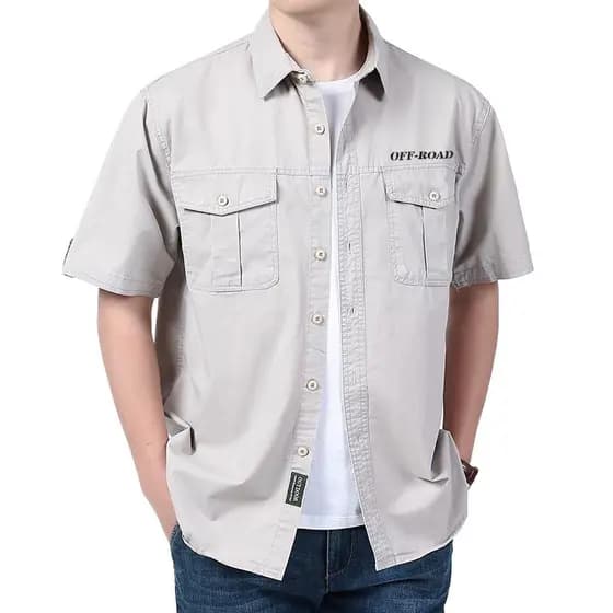 Vestido de verão tamanho grande cara gordo solto Multi-bolso camisa de meia manga estilo fino Plus size masculino puro a